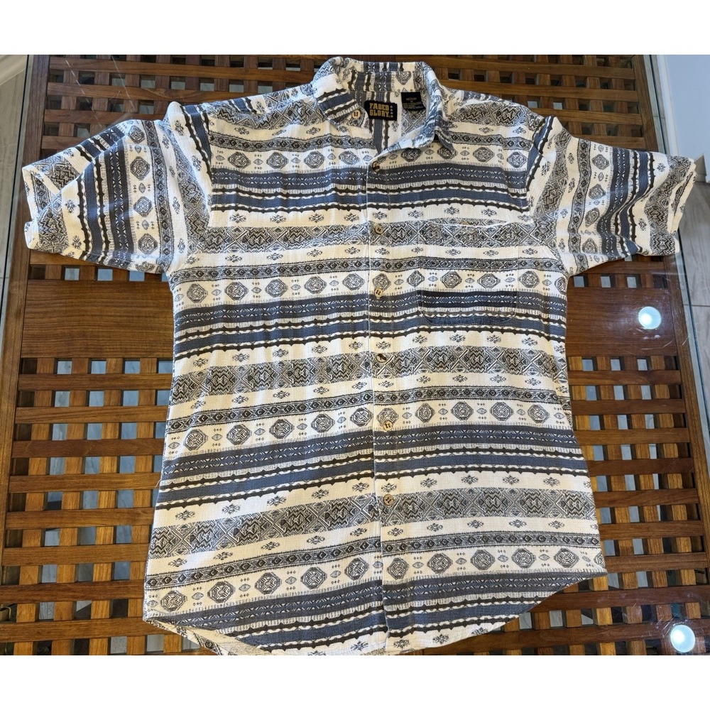 Vintage Faded Glory Aztec Print‎ Short Sleeve Button Down Blue Men's Medium